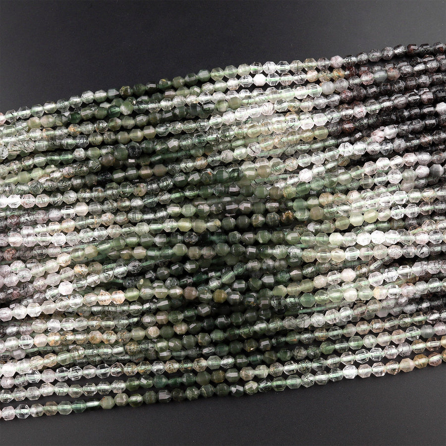 Natural Green Tourmaline Rutilated Rutile Quartz 4mm Rounded Prism Beads Multicolor Shaded Gemstone 15.5" Strand