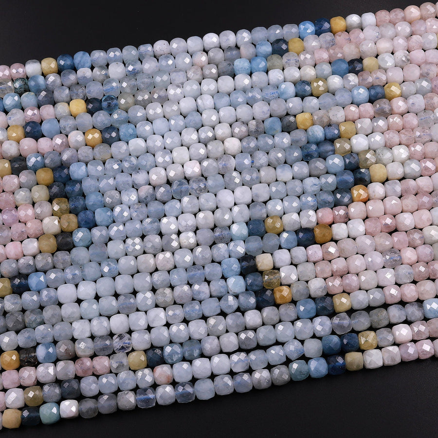 Natural Multicolor Blue Aquamarine Pink Morganite Faceted 4mm Cube Dice Square Beads 15.5" Strand
