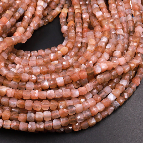 AAA Natural Peach Moonstone Faceted 4mm Cube Dice Square Beads Micro Laser Diamond Cut Gemstone 15.5" Strand