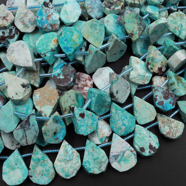 Natural Peruvian Turquoise Teardrop Beads Hand Cut Raw Freeform Gemstone 15.5" Strand