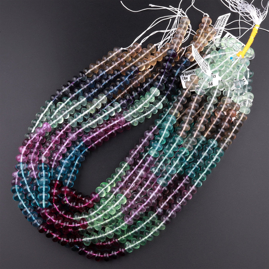 Natural Fluorite 6mm 8mm Rondelle Beads Vibrant Multicolor Purple Green Blue Yellow Gemstone Beads 15.5" Strand