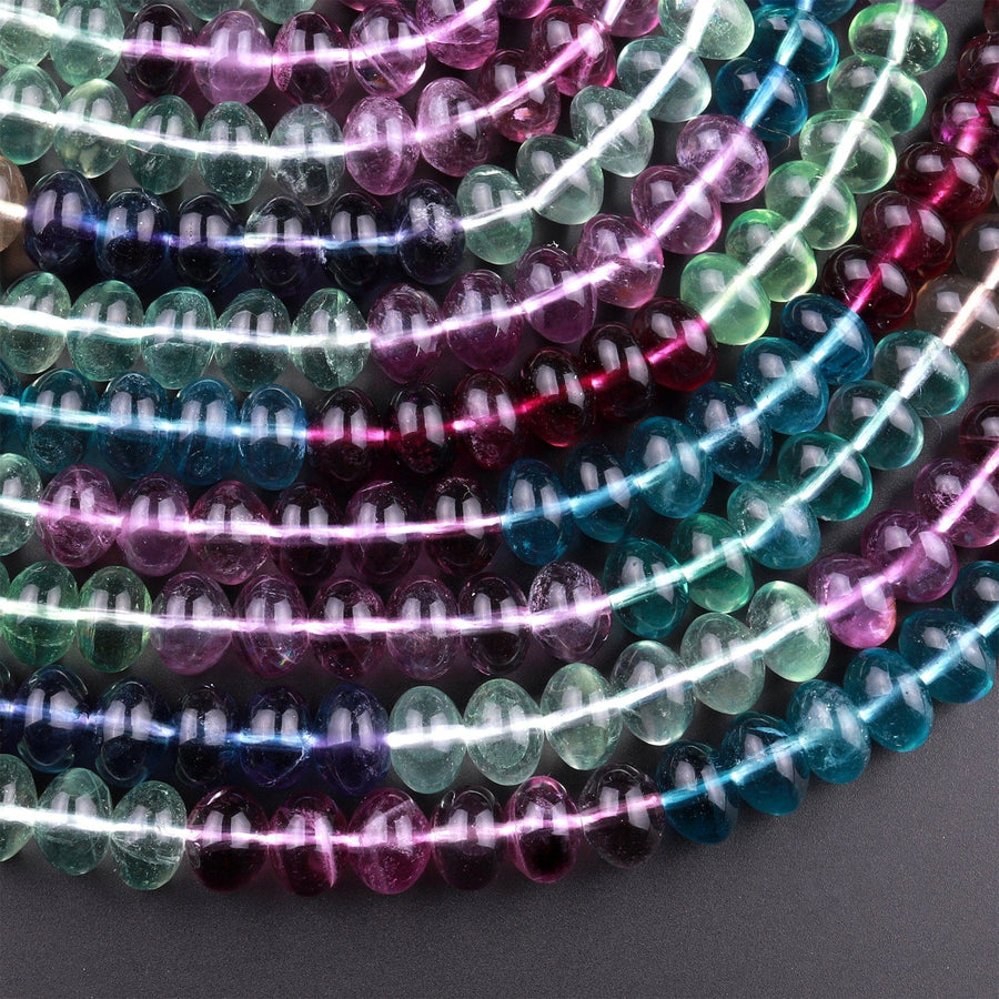 Natural Fluorite 6mm 8mm Rondelle Beads Vibrant Multicolor Purple Green Blue Yellow Gemstone Beads 15.5" Strand