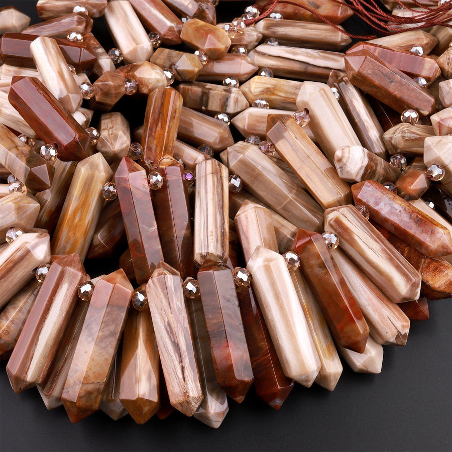 Petrified Wood Beads Double Terminated Points Top Side Drilled Large Gemstone Focal Pendant 15.5" Strand
