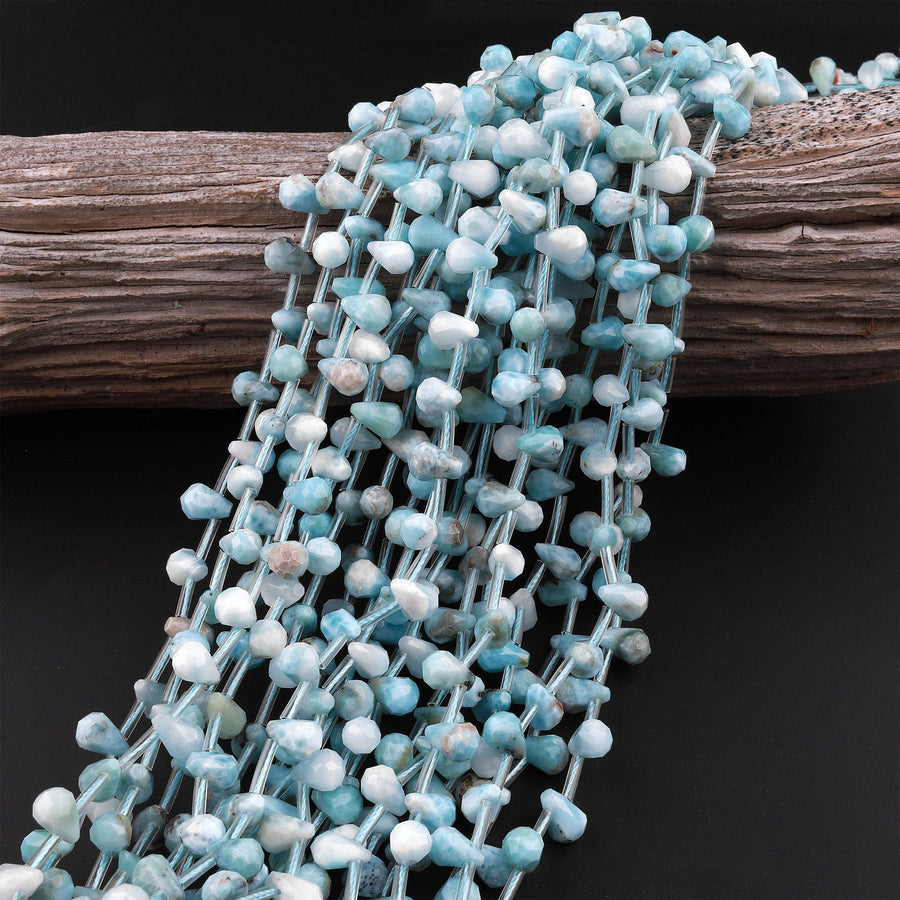 Natural Blue Larimar Faceted Teardrop Beads 8x6mm Top Side Drilled 15.5" Strand