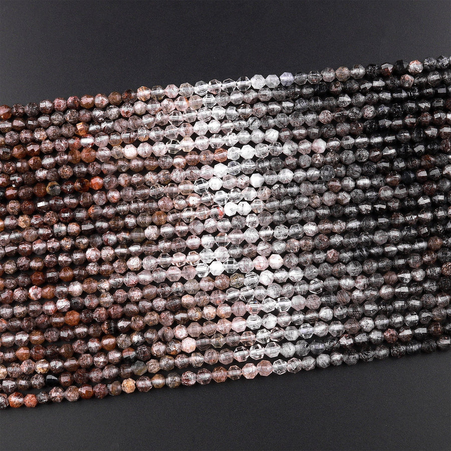 Natural Black Brown Tourmaline Rutilated Rutile Phantom Quartz 4mm Rounded Prism Beads Multicolor Shaded Gemstone 15.5" Strand