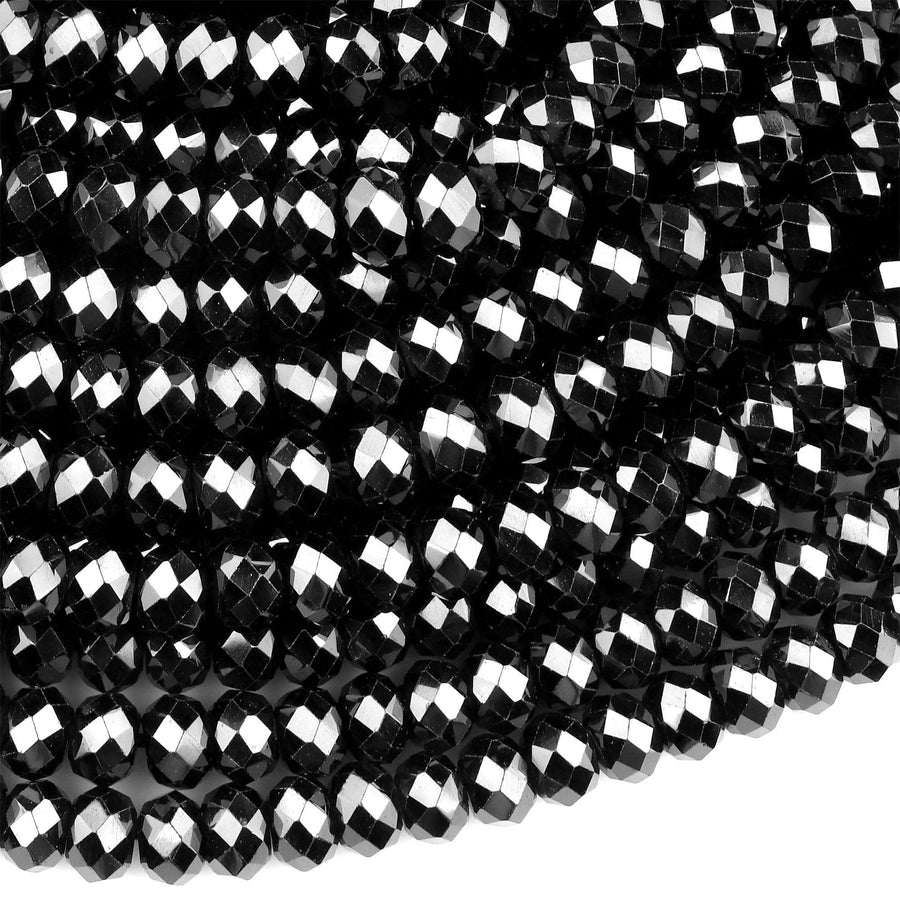 Natural Black Spinel Faceted 4mm 6mm Rondelle Beads Micro Faceted Laser Diamond Cut 15.5" Strand