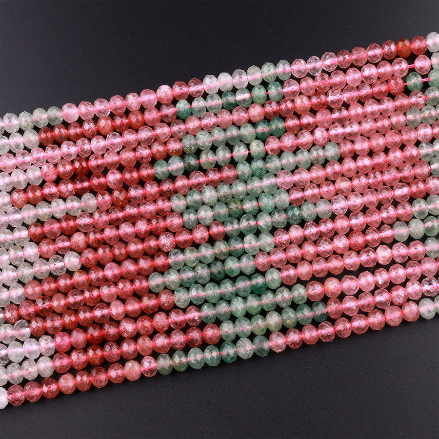 Natural Strawberry Quartz Faceted 6mm Rondelle Beads Micro Laser Cut Pink Green Gemstone 15.5" Strand