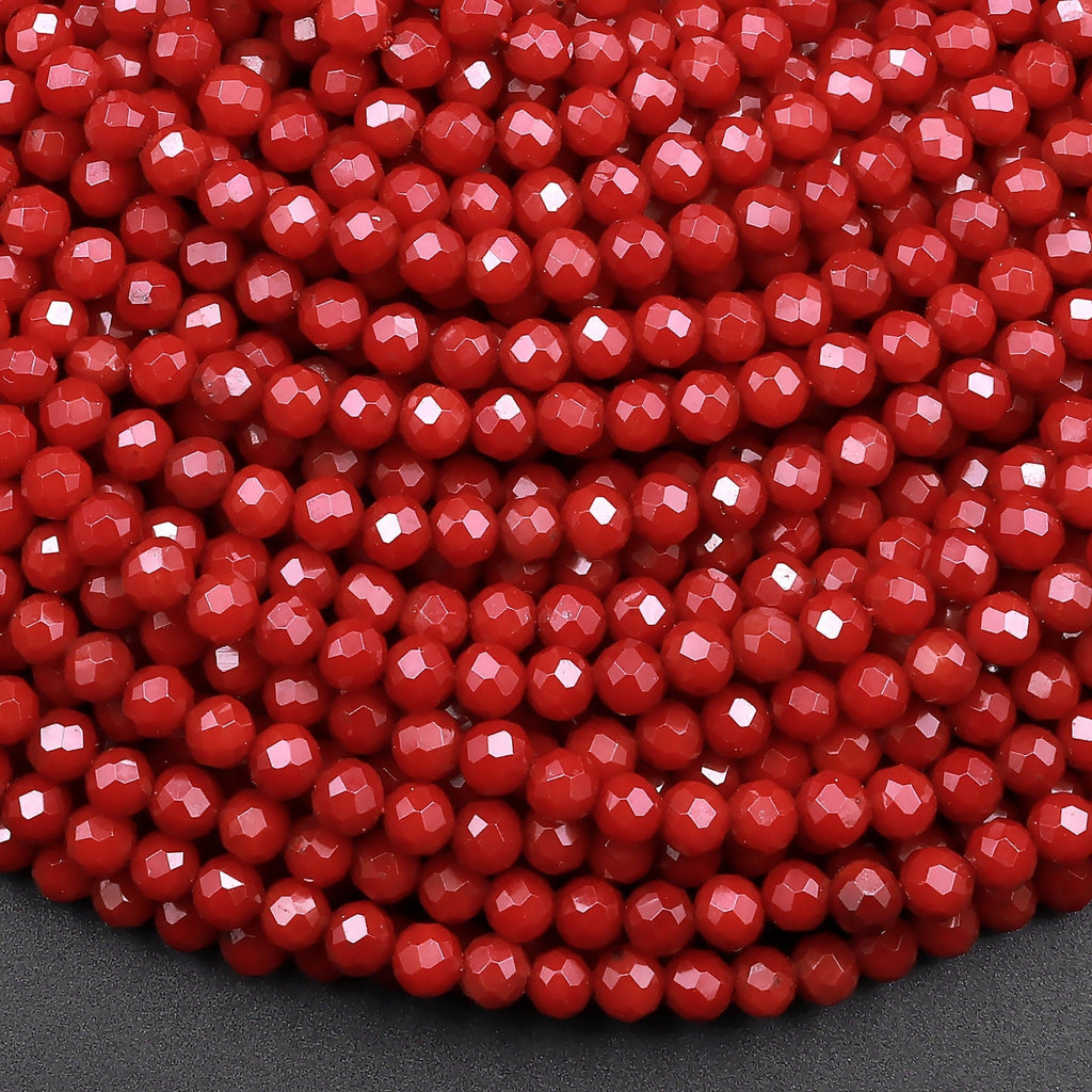 AAA Faceted Red Coral 4mm Round Beads Micro Diamond Cut Gemstone 16" Strand