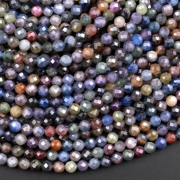 Real Genuine Burma Sapphire Faceted 2mm 3mm 4mm 5mm Round Beads Natural Multicolor Blue Purple Green Pink Yellow Gemstone 15.5" Strand