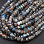 Flashy Rainbow Fire Labradorite Faceted Rondelle 8mm 10mm Beads Blue Green Gold Red Fires 15.5" Strand