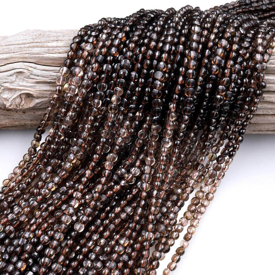 Faceted Natural Smoky Quartz Coin Beads 4mm Flat Disc Dazzling Micro Diamond Cut Gemstone 15.5" Strand