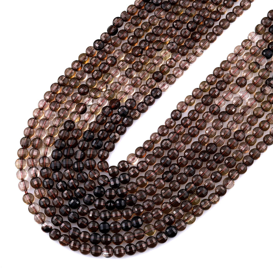 Faceted Natural Smoky Quartz Coin Beads 4mm Flat Disc Dazzling Micro Diamond Cut Gemstone 15.5" Strand