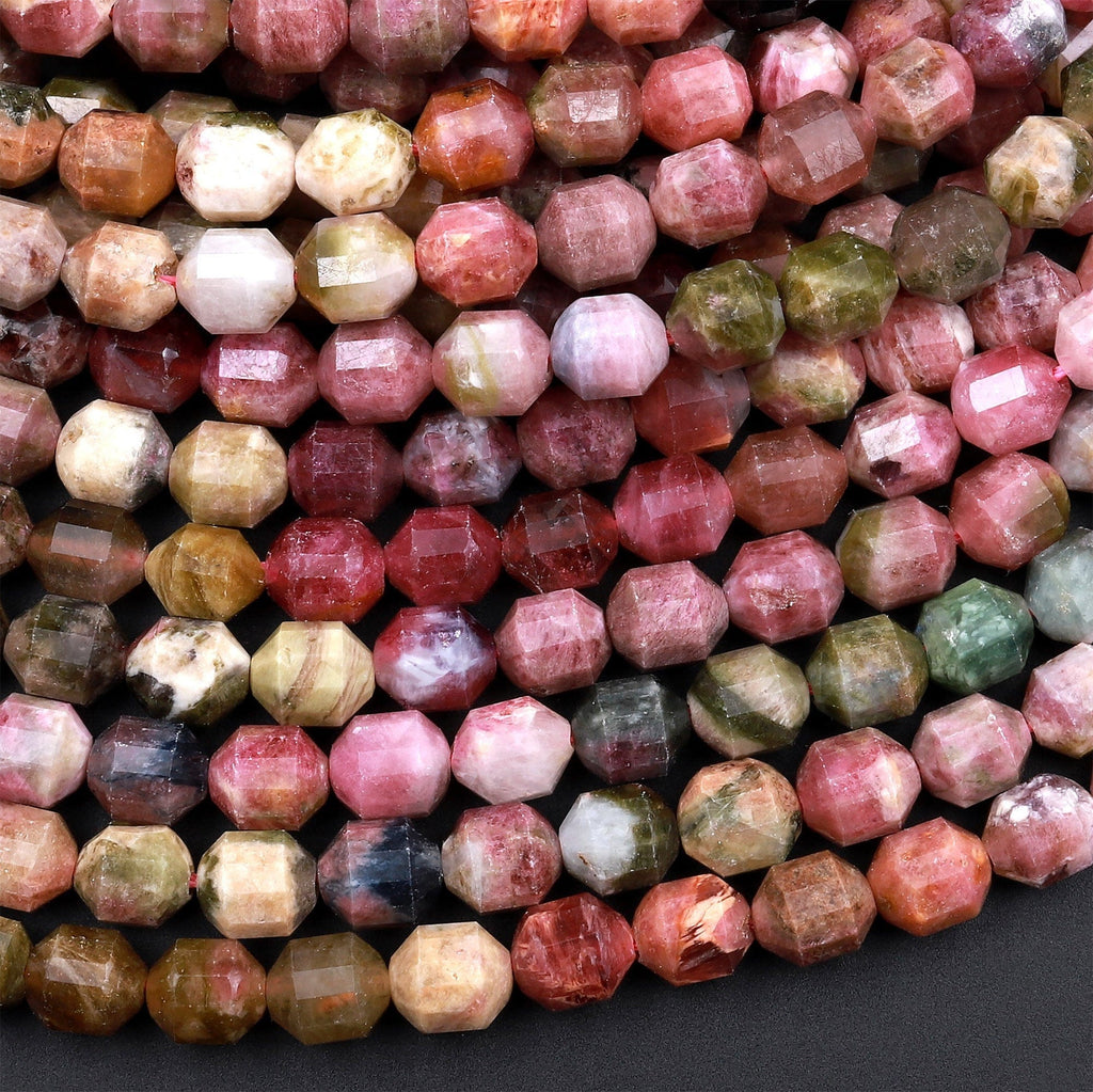 Natural Multicolor Green Pink Tourmaline 6mm Prism Gemstone Beads