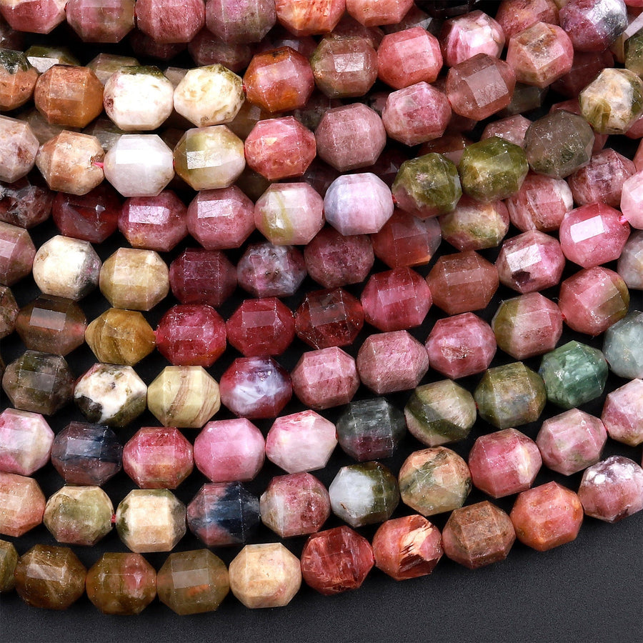 Natural Multicolor Green Pink Tourmaline Faceted 6mm Beads Energy Prism Double Terminated Points 15.5" Strand