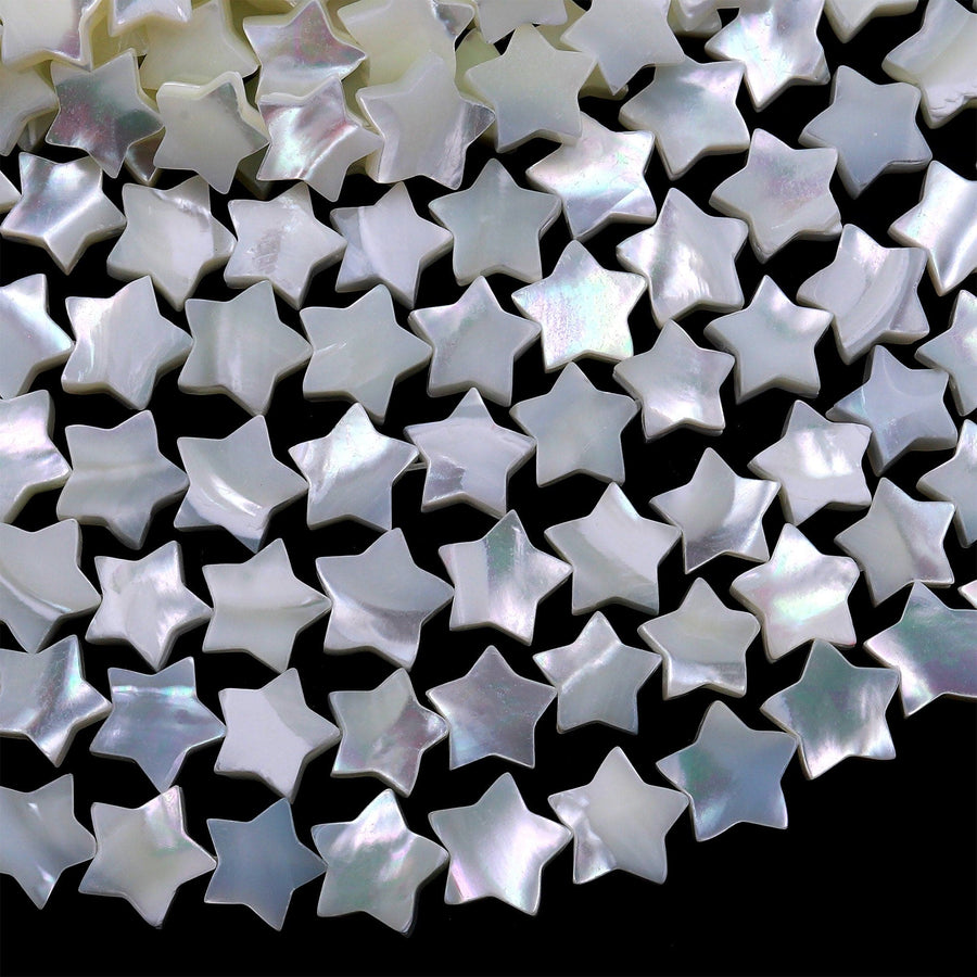 AAA Iridescent Hand Carved Natural White Mother of Pearl Shell Beads Star Shape 15.5" Strand