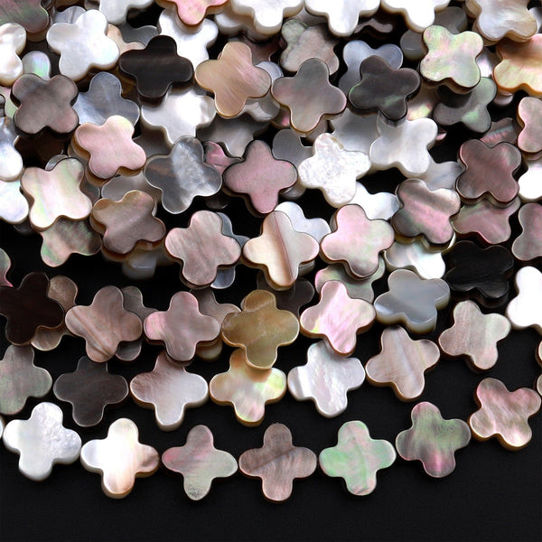 AAA Iridescent Hand Carved Natural Gold Brown Mother of Pearl Shell Beads Flower Cross Shape 15.5" Strand