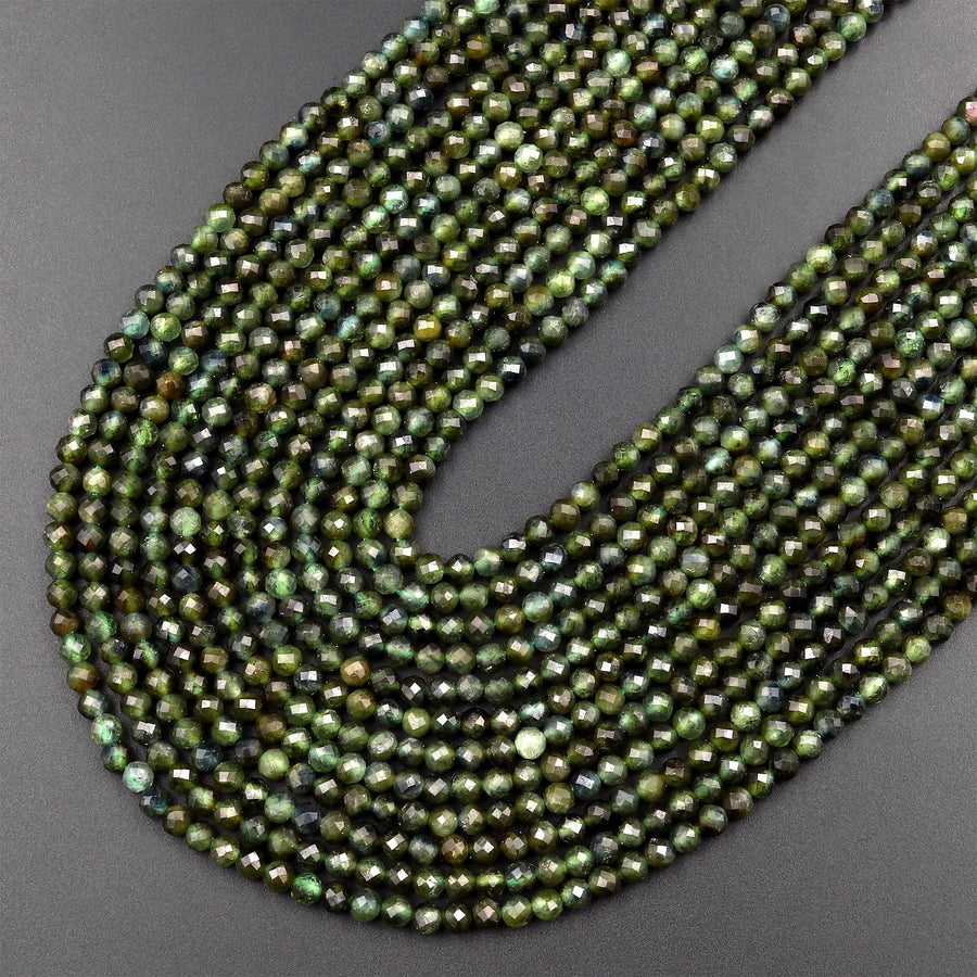 Natural Green Tourmaline Faceted 3mm 4mm Round Beads Diamond Cut Gemstone 15.5" Strand