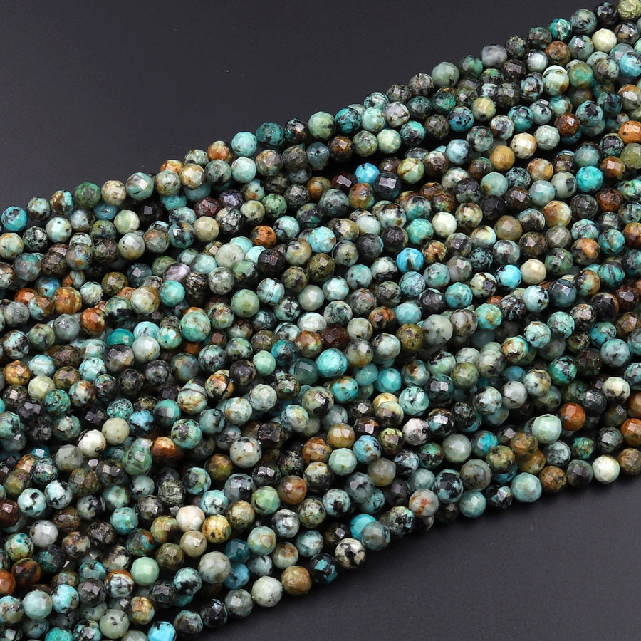Micro Faceted African Turquoise 4mm 5mm 6mm Round Beads Diamond Cut Dazzling Facets 15.5" Strand