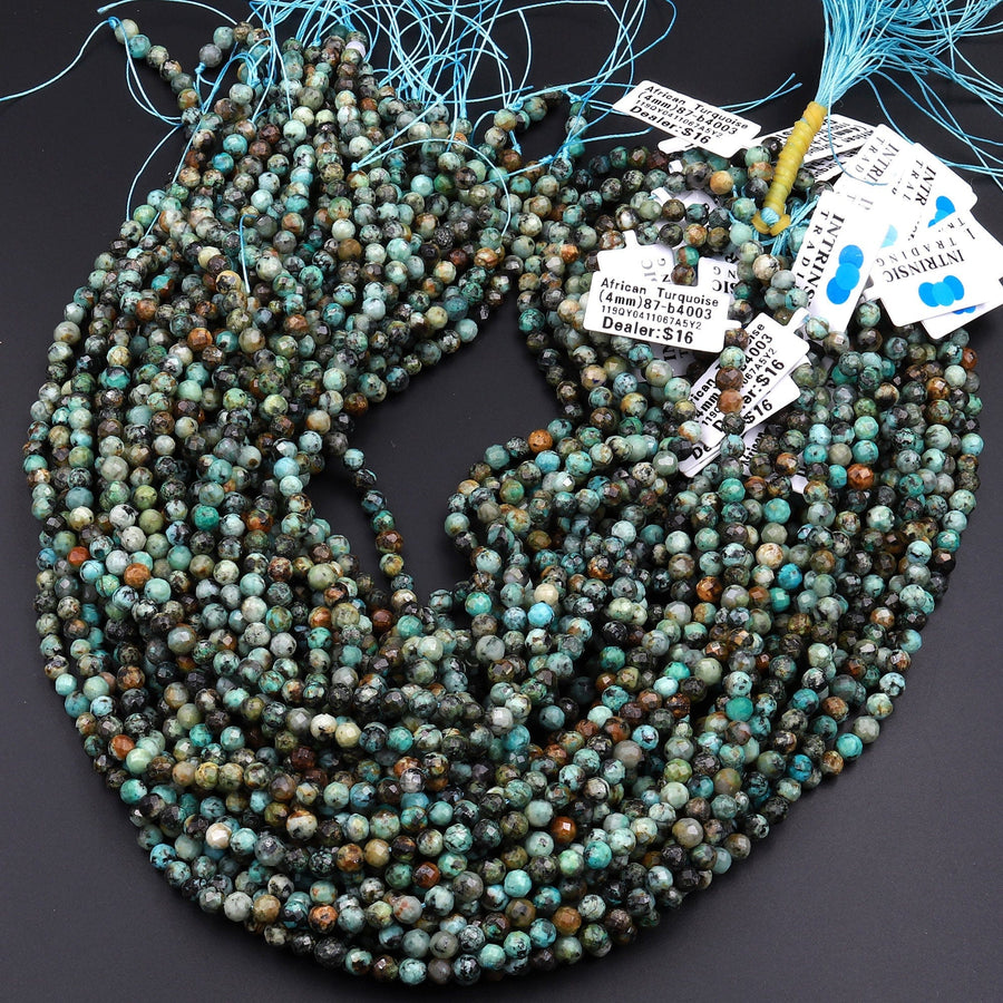 Micro Faceted African Turquoise 4mm 5mm 6mm Round Beads Diamond Cut Dazzling Facets 15.5" Strand