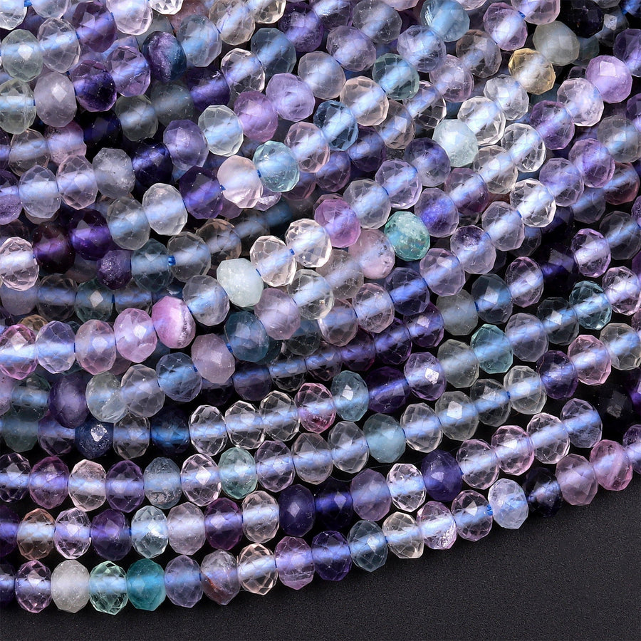 Natural Multicolor Fluorite Faceted 4mm Rondelle Beads Micro Laser Cut Purple Green Gemstone Bead 15.5" Strand