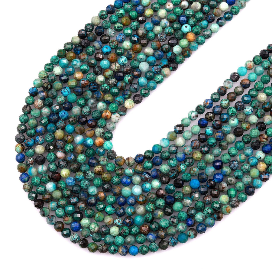 AAA Micro Faceted Natural Chrysocolla Azurite Round Beads 3mm 4mm Laser Diamond Cut Blue Green Gemstone 15.5" Strand