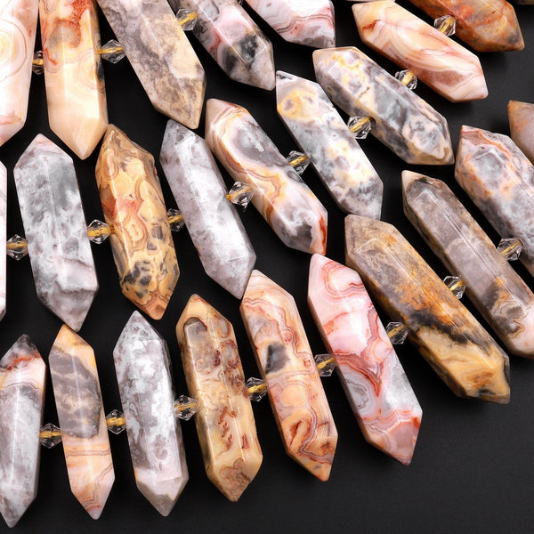 Natural Crazy Lace Agate Beads Double Terminated Crystal Focal Point Pendants 15.5" Strand