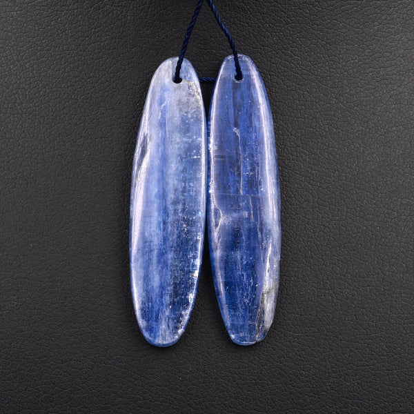 Drilled Natural Silvery Blue Kyanite Earring Pair Long Oval Cabochon Cab Matched Gemstone Bead Pair