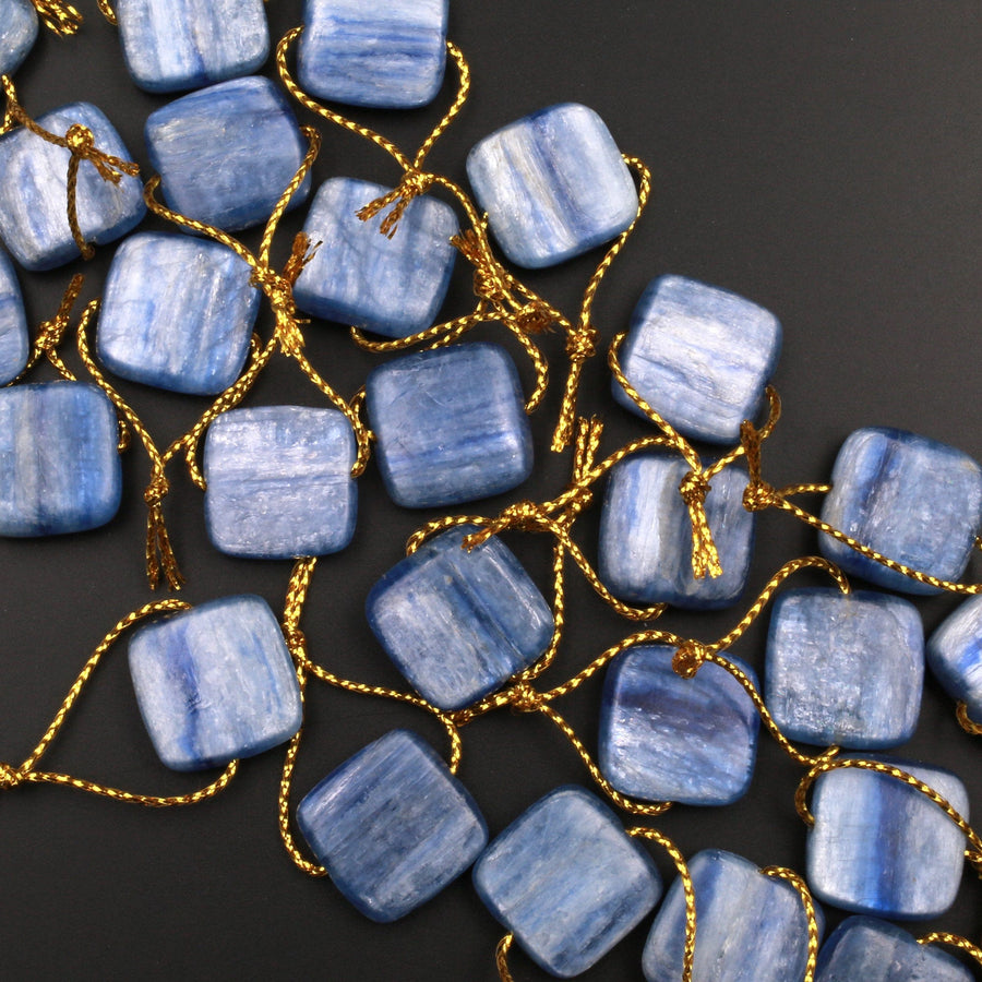 Natural Blue Kyanite Square Pendant Center Drilled Gemstone Focal Bead