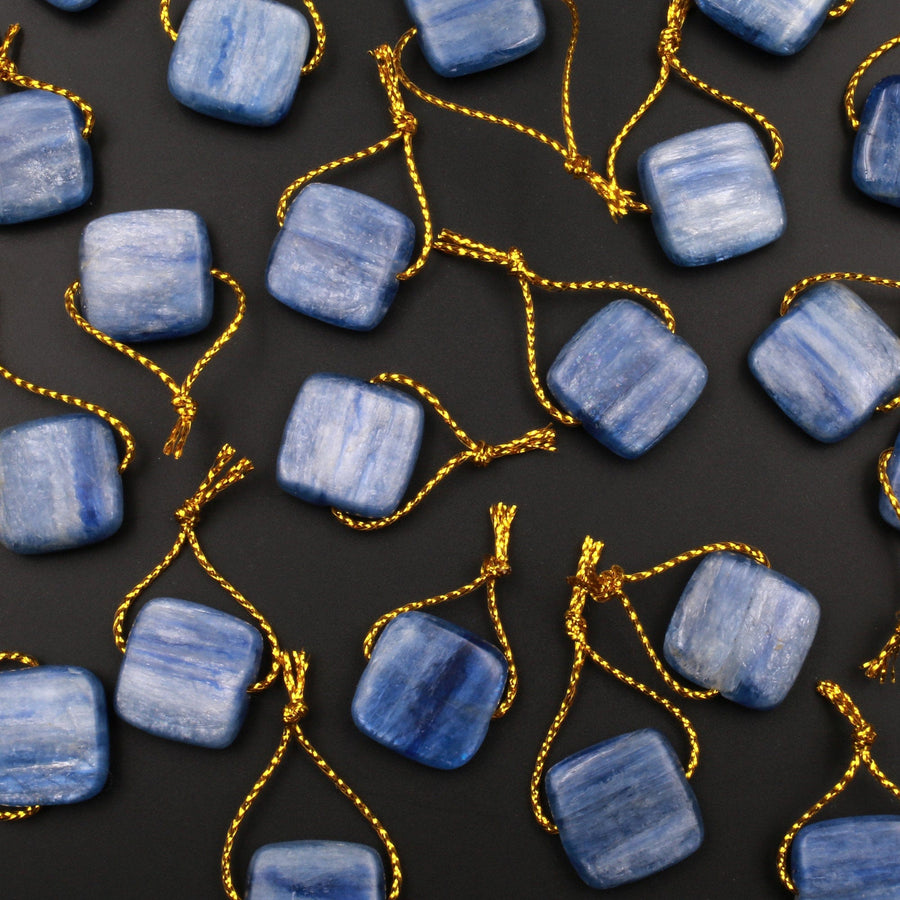 Natural Blue Kyanite Square Pendant Center Drilled Gemstone Focal Bead