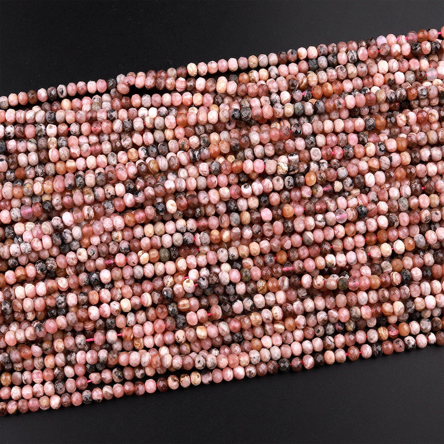 Natural Rhodochrosite 4mm Faceted Rondelle Beads Micro Diamond Cut Gemstone 15.5" Strand