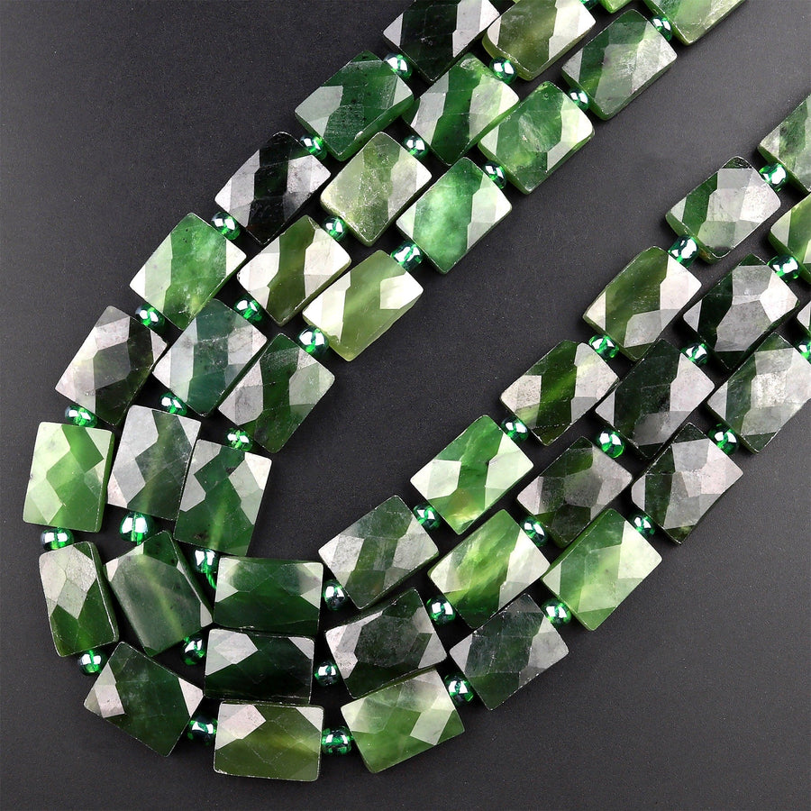 Natural Canadian Green Jade Faceted Rectangle Cushion Beads 15.5" Strand