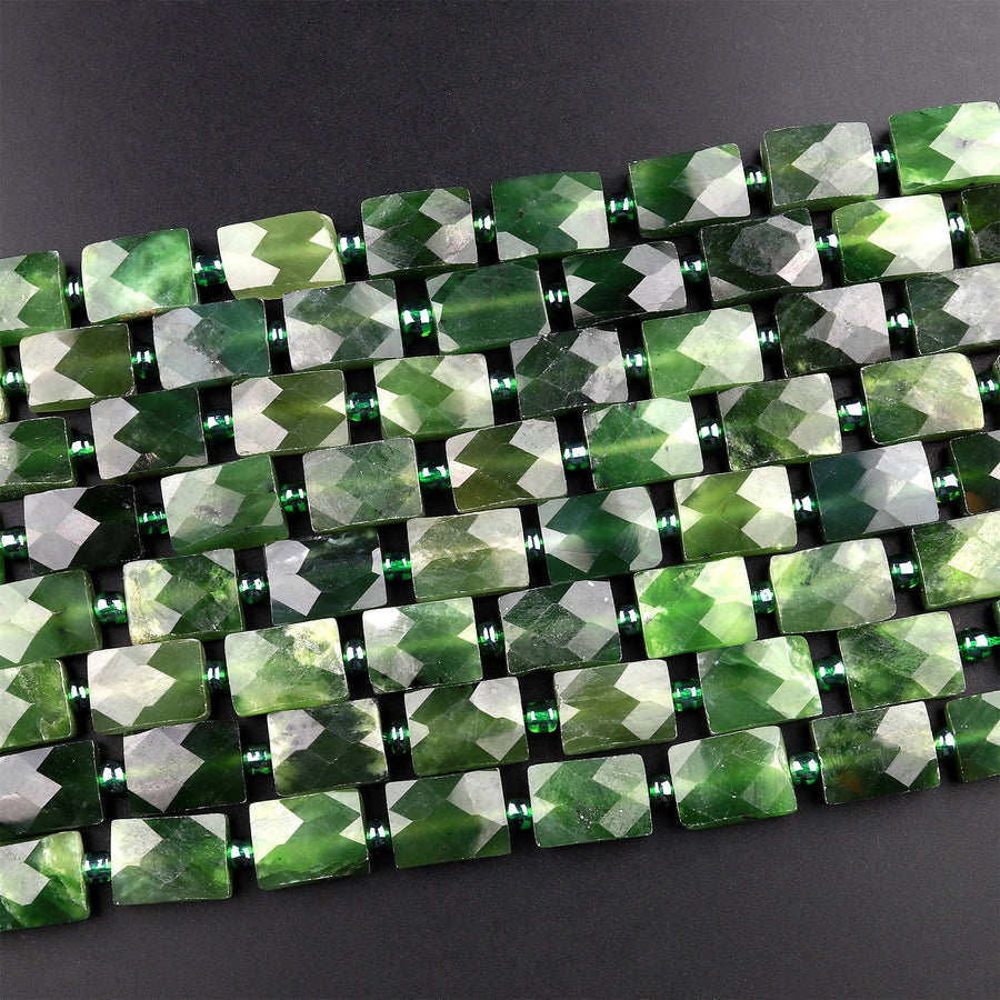 Natural Canadian Green Jade Faceted Rectangle Cushion Beads 15.5" Strand