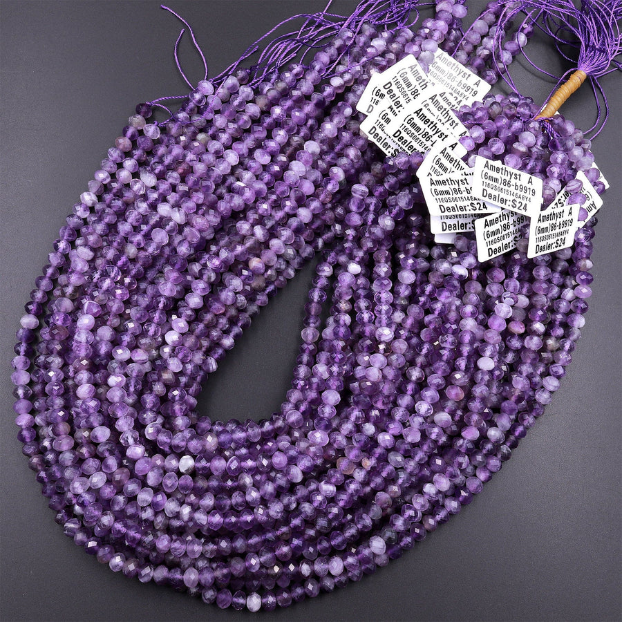 Faceted Natural Amethyst 4mm 6mm rondelle Beads 15.5" Strand