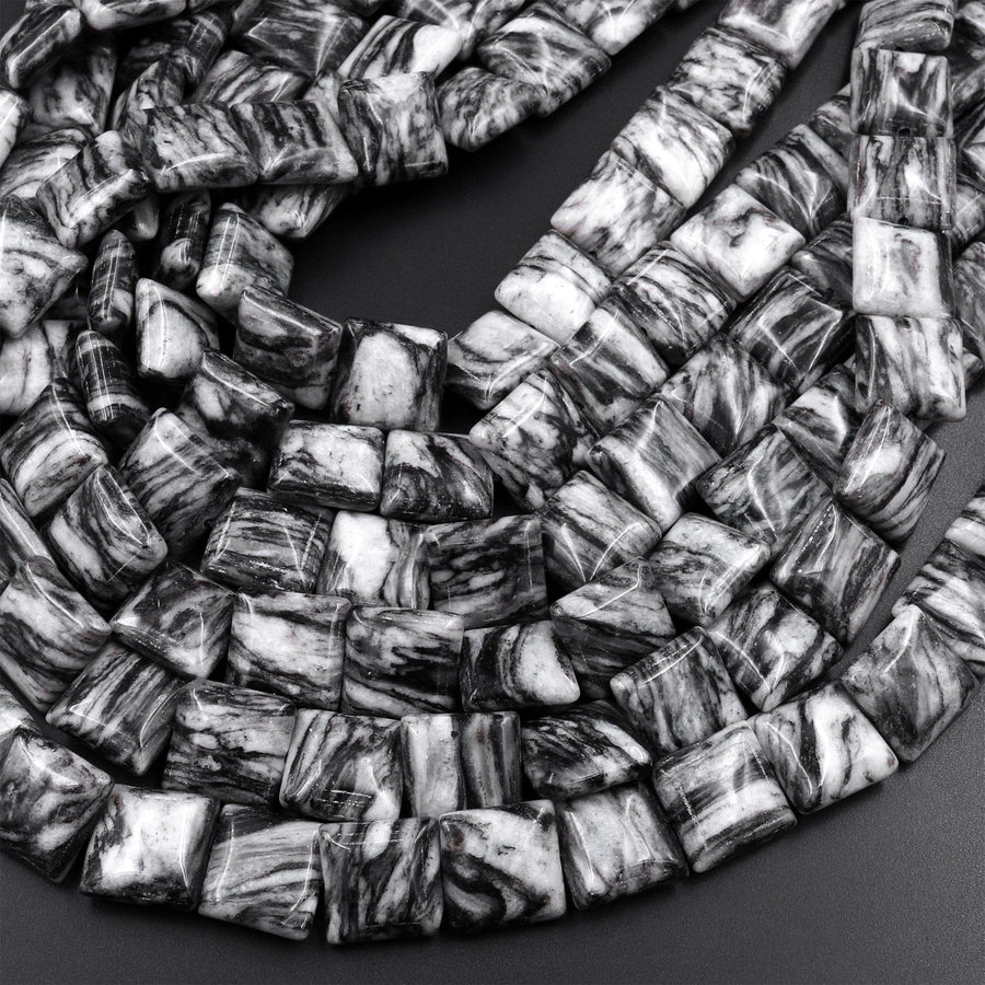 AAA Natural Black Web Jasper Square Cushion Beads 12mm 15.5" Strand