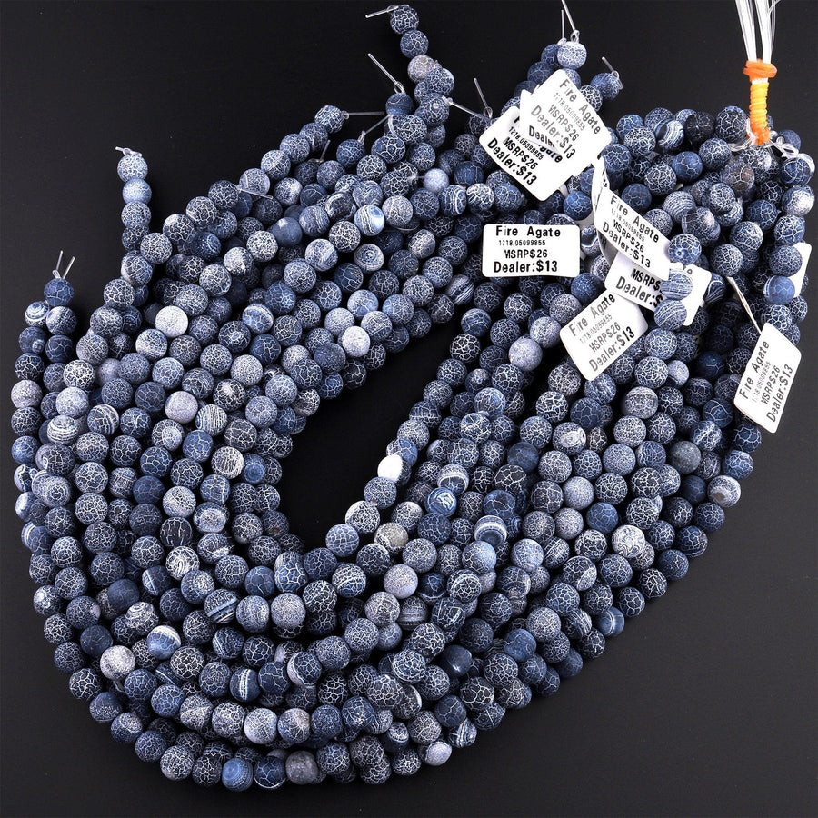 Matte Finish Tibetan Black Fire Agate 4mm 6mm 8mm 10mm Round Beads Aka Cracked Agate Dragon Skin Agate 15.5" Strand