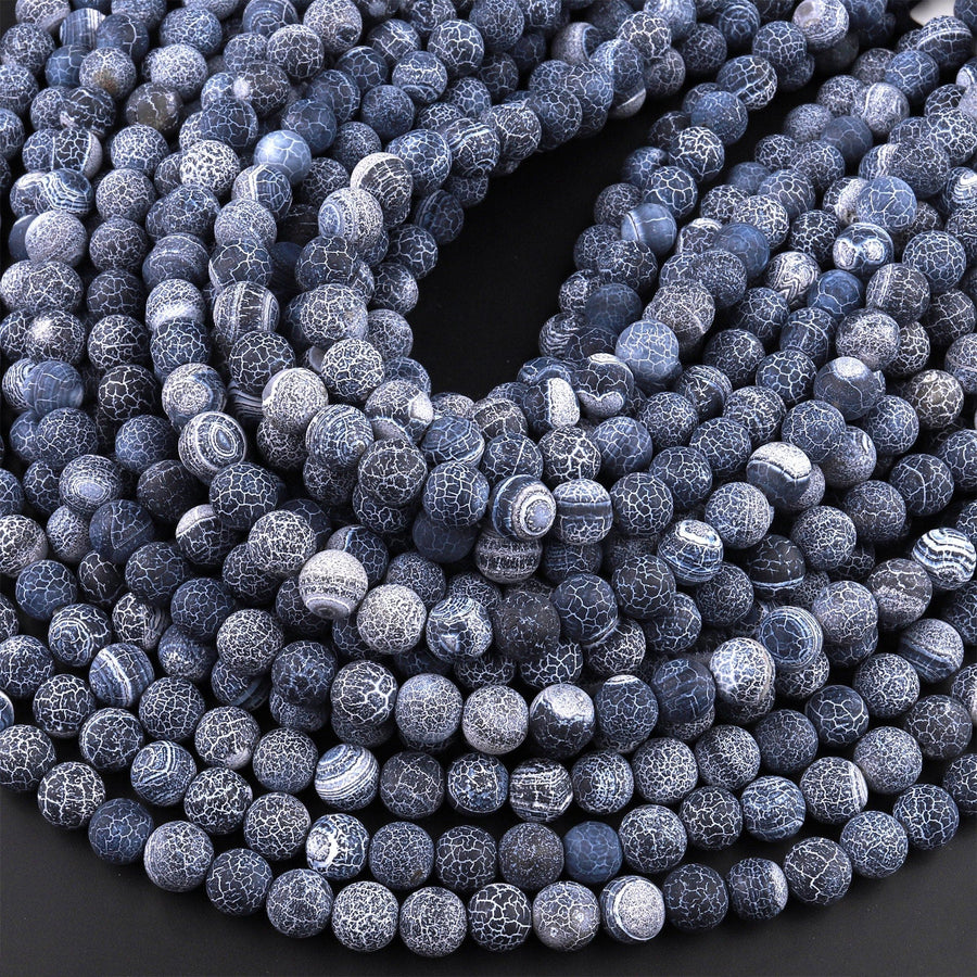 Matte Finish Tibetan Black Fire Agate 4mm 6mm 8mm 10mm Round Beads Aka Cracked Agate Dragon Skin Agate 15.5" Strand