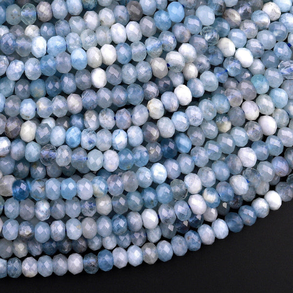 Faceted Natural Aquamarine 5mm Rondelle Beads Micro Laser Diamond Cut Real Genuine Gemstone 15.5" Strand