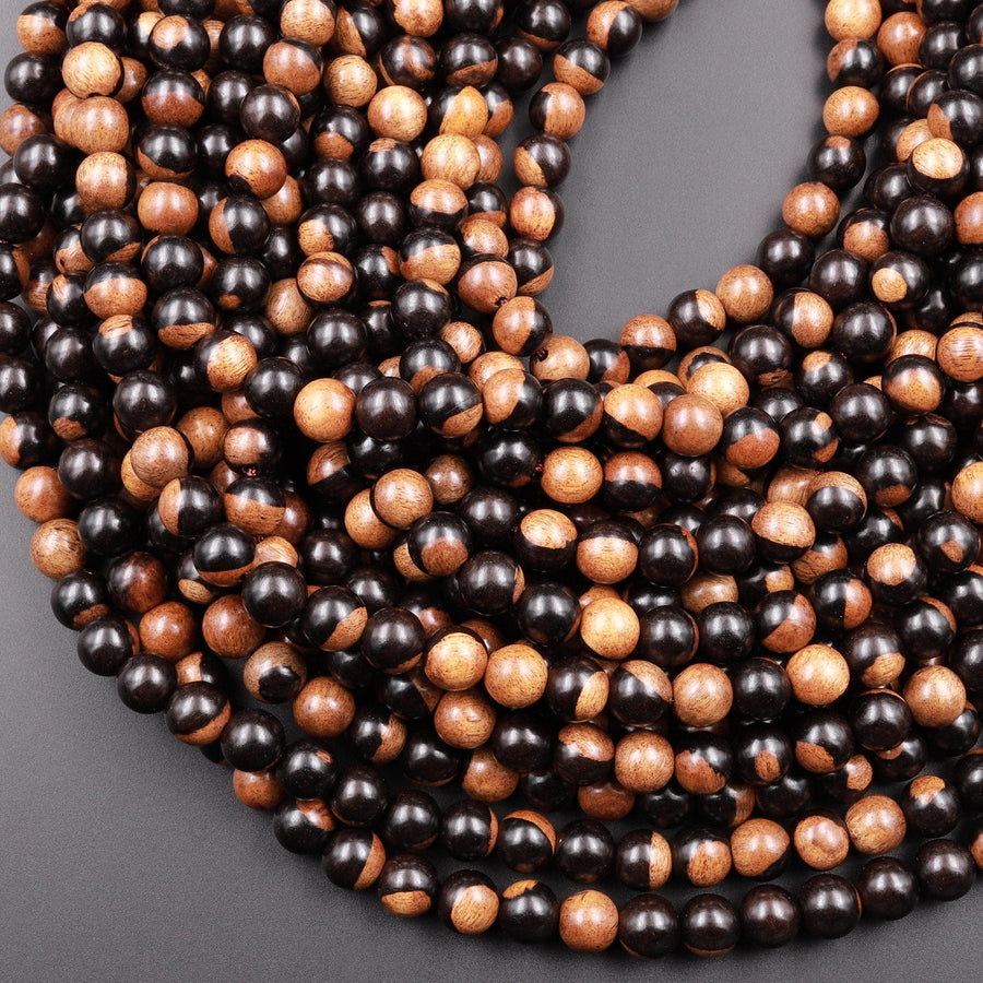 Black Brown Yin Yang Ebony Wood Beads 6mm 8mm 10mm 12mm Great For Mala Prayer Meditation Therapy 15.5" Strand