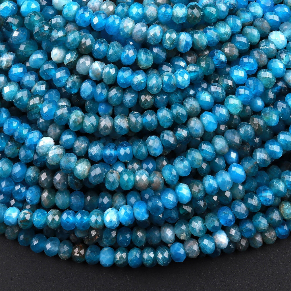 Faceted Natural Teal Blue Apatite 4x3mm Rondelle Beads 15.5" Strand