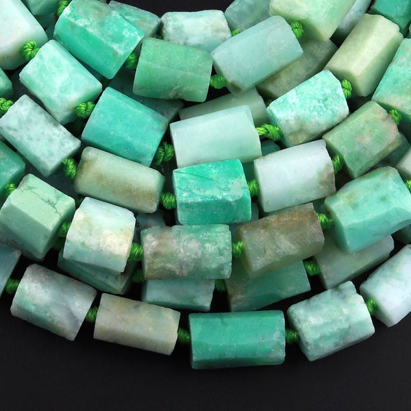 Natural Australian Green Chrysoprase Faceted Tube Rectangle Beads Cylinder 15.5" Strand