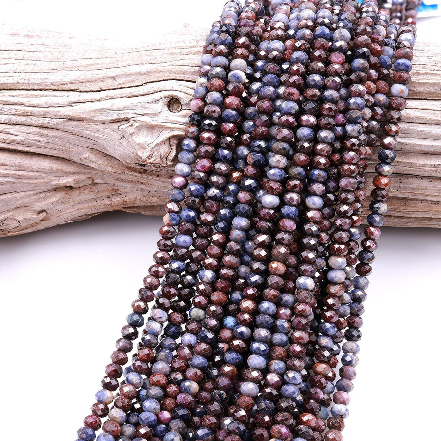 Faceted Natural Sapphire Rondelle Beads 4mm Multicolor Blue Red Real Genuine Gemstone 15.5" Strand