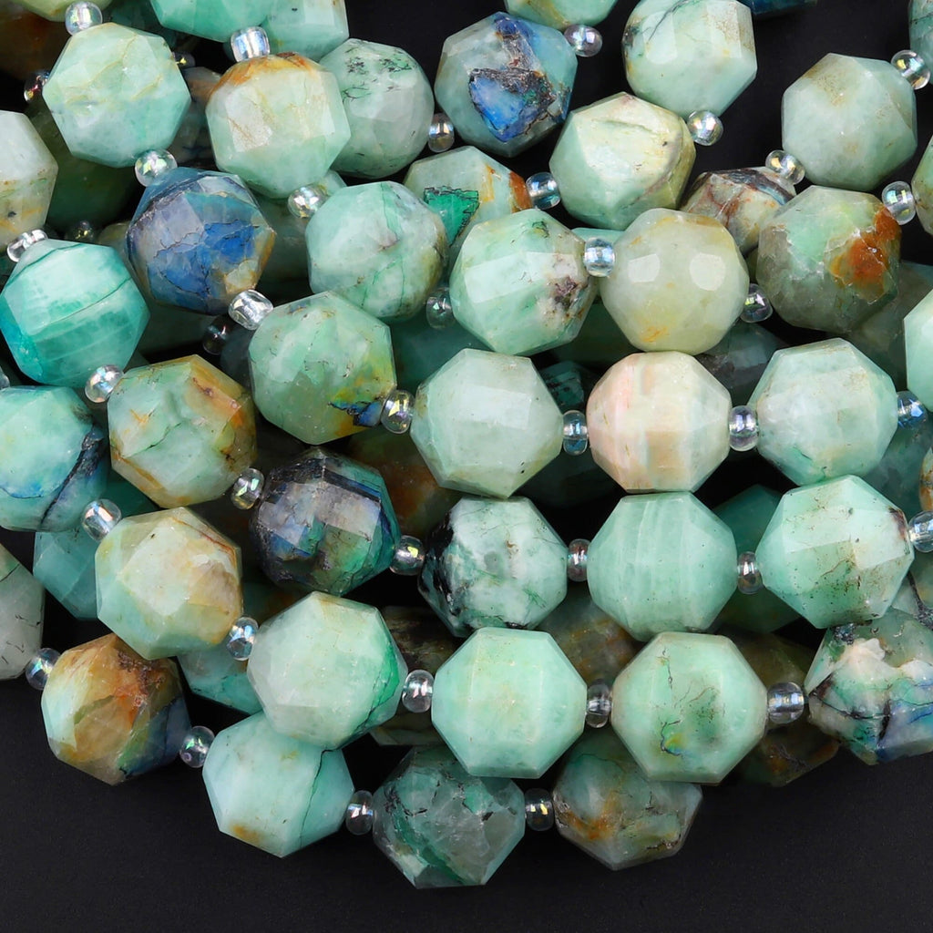 Rare Natural Chrysocolla Azurite 12mm Beads Faceted Energy Prism Double Terminated Point Cut 15.5" Strand