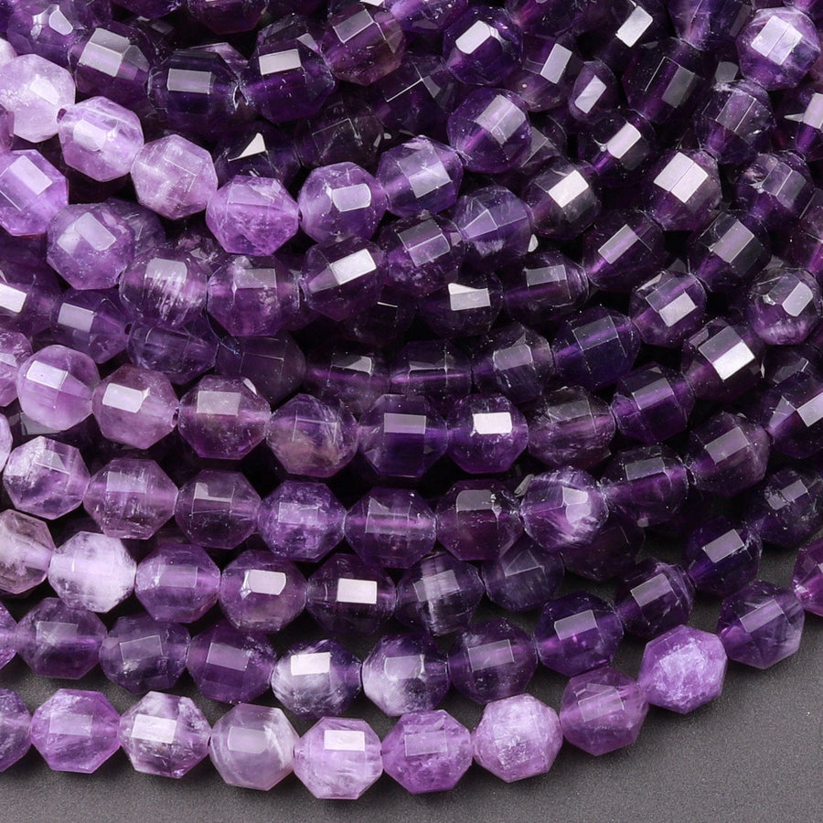AAA Natural Purple Amethyst 6mm Round Beads Faceted Prism Gemstone 15.5" Strand