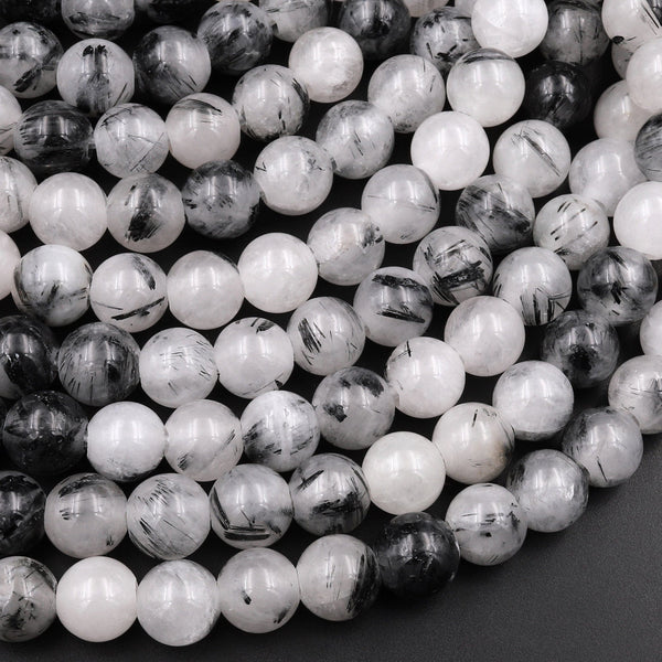 Large Hole Beads 2mm Drill Natural Black Tourmaline Rutilated Quartz 8mm 10mm Round Beads 8" Strand