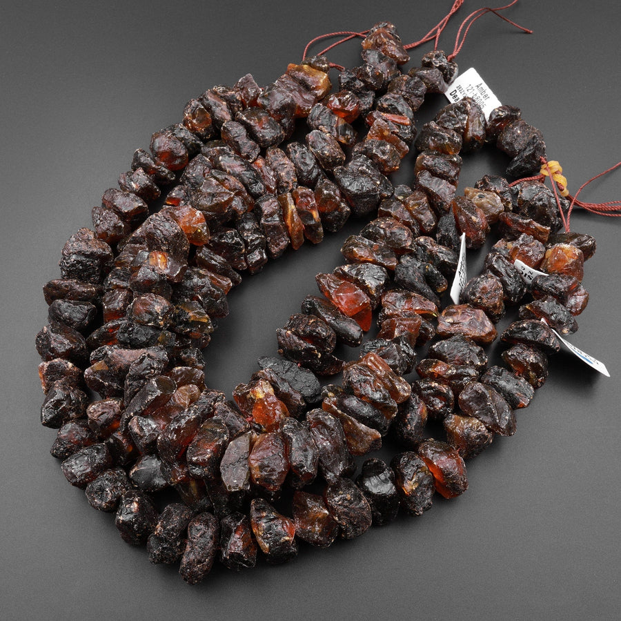 Real Genuine Natural Baltic Amber Beads Dark Burnt Brown Amber Large Freeform Nugget 15.5" Strand
