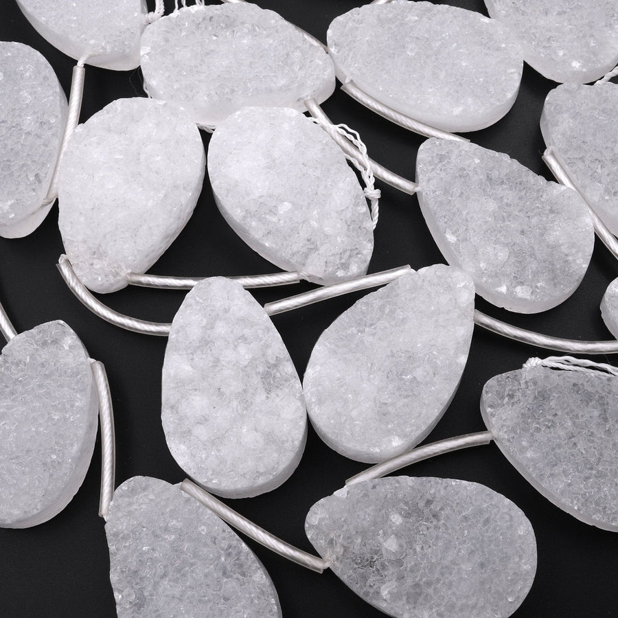 Pristine Icy White Natural Rock Quartz Druzy Teardrop Beads Drusy Beads Top Side Drilled Gemstone 8" Strand