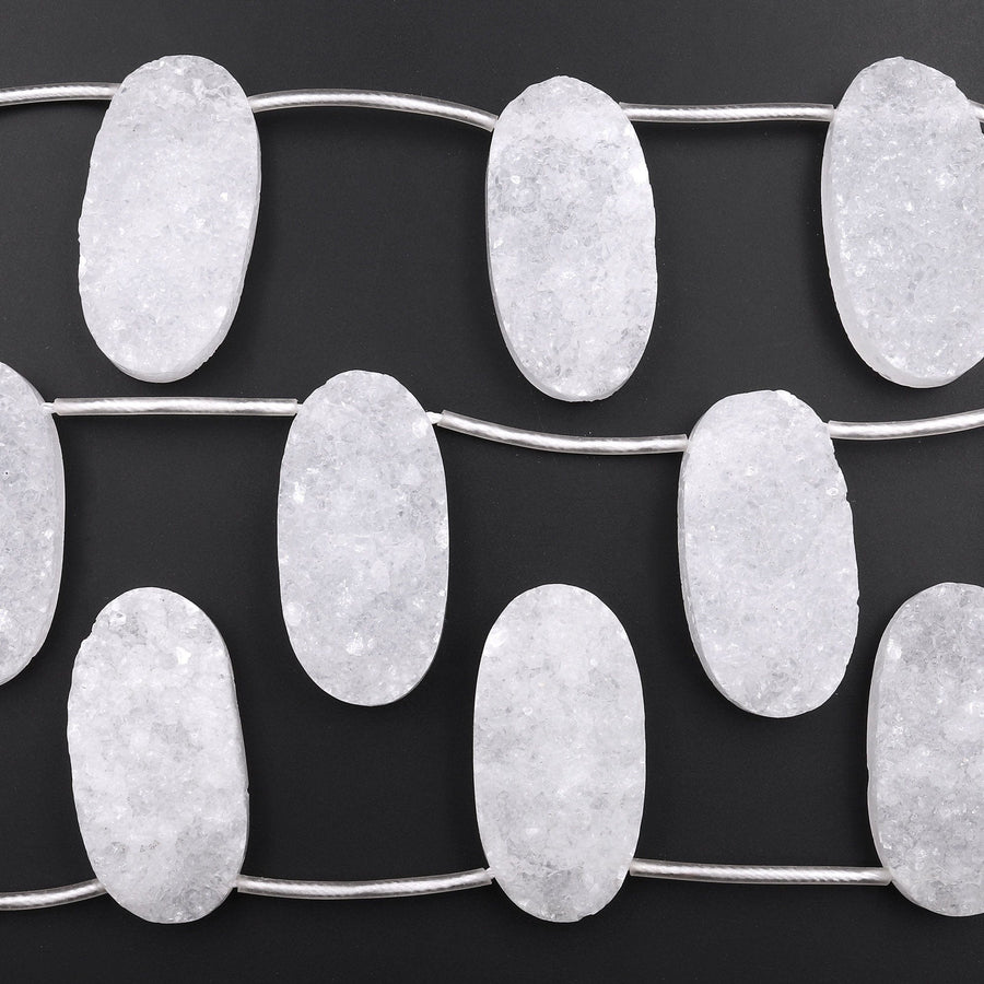 Pristine Icy White Natural Rock Quartz Druzy Oval Beads Drusy Beads Top Side Drilled Gemstone 8" Strand