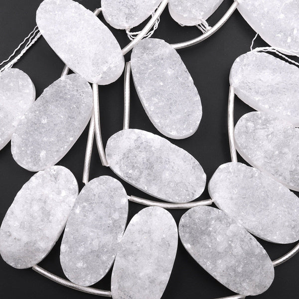 Pristine Icy White Natural Rock Quartz Druzy Oval Beads Drusy Beads Top Side Drilled Gemstone 8" Strand