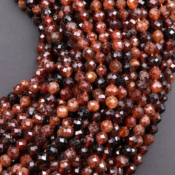 Natural Orange Hessonite Garnet Faceted 4mm 5mm Round Beads Micro Faceted Diamond Cut Gemstone 15.5" Strand