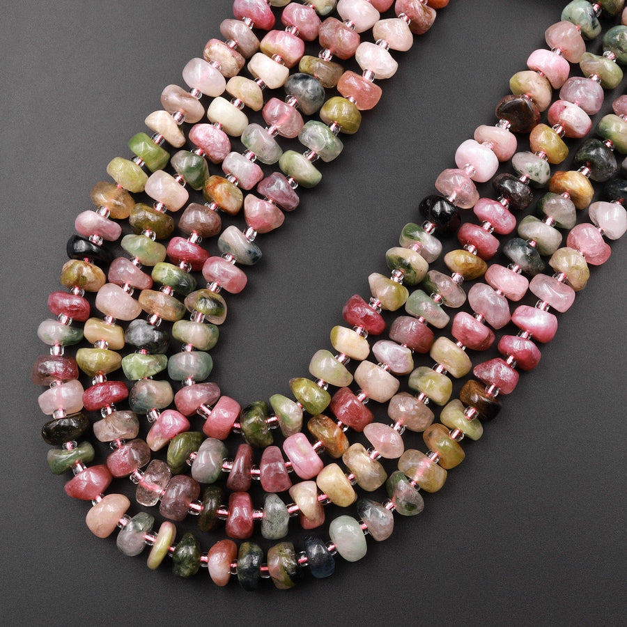 Natural Pink Green Tourmaline Beads Freeform Center Drilled 8mm 10mm Rondelle Disc Organic Cut Nuggets 15.5" Strand
